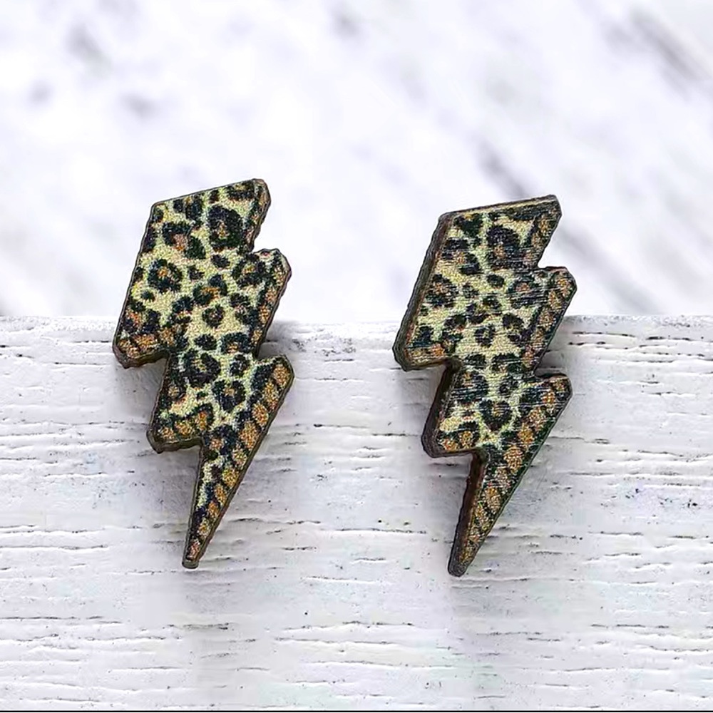 wooden leopard lightning earrings